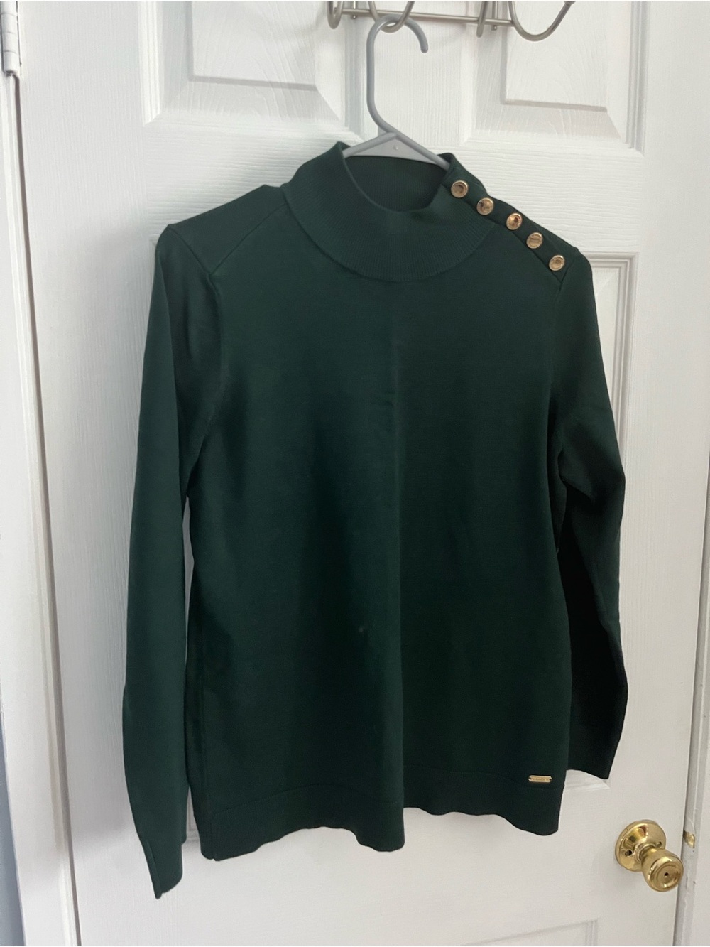 Calvin Klein Dark Green Gold Button-Shoulder Sweater